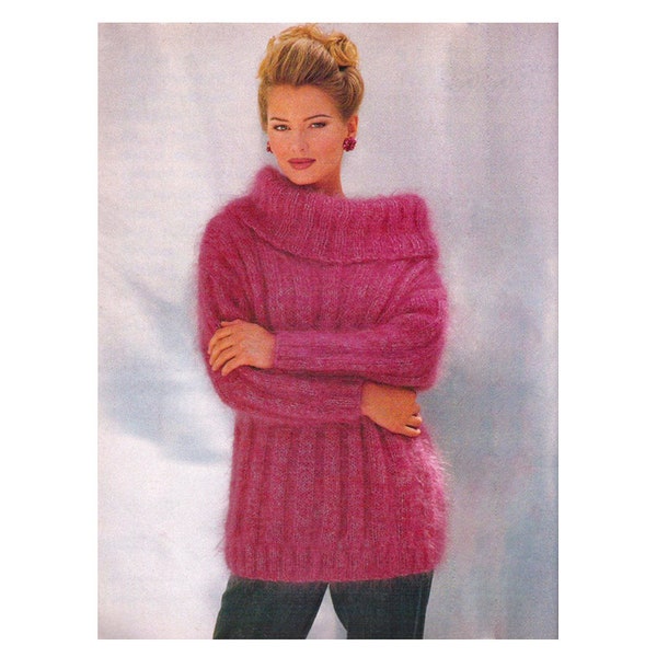 Knitting Pattern Ribbed Pullover Long Sleeves Cowl Neck Droped shoulders long sleeved Oversized Jumper sweather Easy 90s Tunic Soft dress