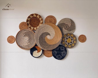 Basket Wall Decor Set of 12, Boho Wall Hanging, Handmade Home Decor, Decorative Bowl, Woven Wicker Basket, African Basket, Gift for Mom