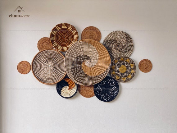 Basket Wall Decor Set of 12, Boho Wall Hanging, Handmade Home Decor, Decorative Bowl, Woven Wicker Basket, African Basket, Gift for Mom