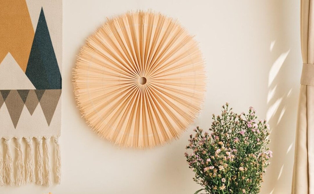 Handmade Rattan Wall Decor, Round Wall Art, Round Bamboo Fan Decor