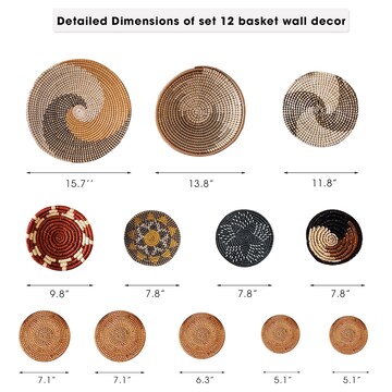 Basket Wall Decor Set of 12, Boho Wall Hanging, Handmade Home Decor, Decorative Bowl, Woven Wicker Basket, African Basket, Gift for Mom