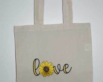 Stoffbeutel, Stofftasche, bestickt, Tote Bag, Baumwollbeutel Tragetasche, Einkaufstasche, love Sonnenblume