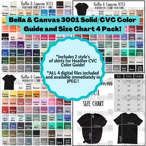 Puede incluir: Guía de colores y tabla de tallas Bella & Canvas 3001 Solid/CVC, paquete de 4. Esta tabla muestra las opciones de color para las camisetas Bella & Canvas 3001. La tabla incluye colores sólidos y jaspeado. La tabla también incluye una tabla de tallas con medidas en pulgadas para el pecho y la longitud.