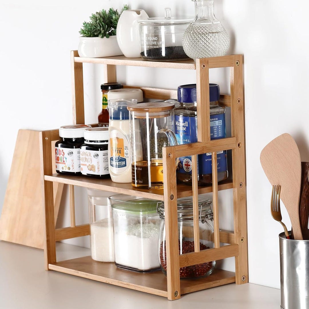 Bamboo Spice Rack Storage Shelves-3 Tier Standing Pantry Shelf ...