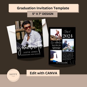 May include: A graduation invitation template with a black background and white text. The template features a photo of a graduate in a cap and gown, as well as the text "Class of 2024" and "It's a celebration".