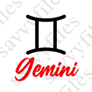 May include: Black and white Gemini zodiac symbol with the word "Gemini" in red cursive lettering.