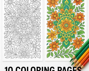 Pode incluir: Duas páginas para colorir que apresentam desenhos intrincados de mandalas com elementos florais. A primeira página é em preto e branco, enquanto a segunda página é colorida em tons de verde, amarelo e laranja.