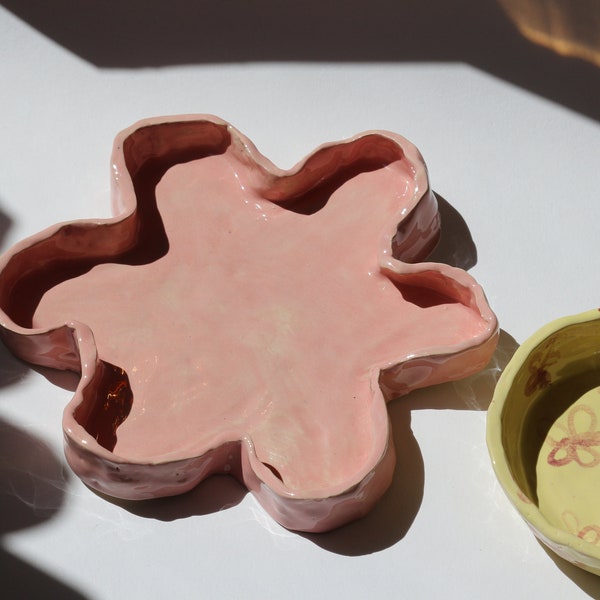 Handmade ceramic tray with cute flower shape, perfect for jewelry, one of a kind, unique