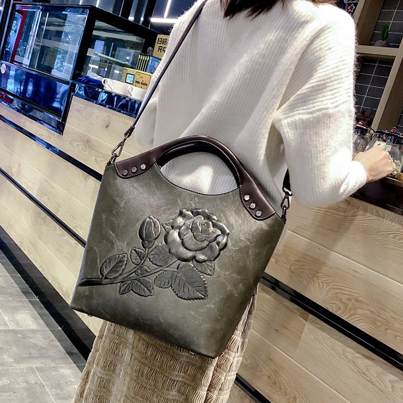 Brand Women Handbag Rose Print Lady Tote High Quality Leather Etsy