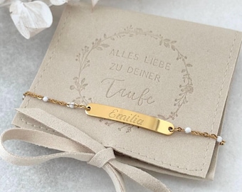 Personalisiertes Taufarmband 18K Gold, Silber, Rosé | Armband Emaille Kügelchen Gravur Plättchen| Geschenk Kommunion | Konfirmation | Taufe