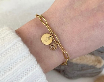 fine link bracelet, individually adjustable, personalized bracelet with engraving plate, birthstone, stainless steel, silver gold, rose,