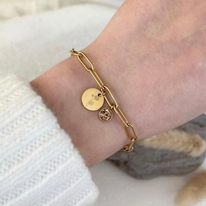fine link bracelet, individually adjustable, personalized bracelet with engraving plate, birthstone, stainless steel, silver gold, rose,