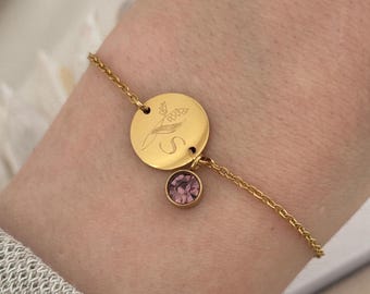 Personalized birthstone bracelet with 13 mm engraved disc, stainless steel, silver, rose gold, gold, gift for mom, girlfriend, godmother, birth