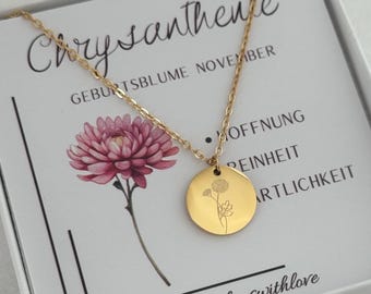 Collar de flor de nacimiento + piedra de nacimiento | Flor de nacimiento | Flor de nacimiento | Collar con nombre | Signo del zodiaco | Acero inoxidable | Oro rosa, oro, plata | Regalo de nacimiento