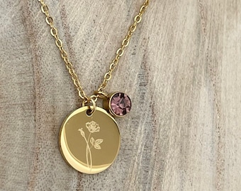 Personalized Necklace + Birthstone | Birthflower | Birth Flower Necklace | Zodiac Sign | Stainless Steel | Rose, Gold, Silver, | Gift