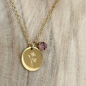 Collier personnalisé + Pierre de naissance | Fleur de naissance | Collier Fleur de Naissance | Signe du zodiaque | Acier inoxydable | Rosé, or, argent, |cadeau