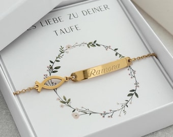 Personalisiertes Taufarmband in 18K Gold, Silber, Rosé | Armban Ichtys Tauffisch Gravur Plättchen| Geschenk Kommunion | Konfirmation | Taufe