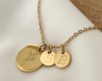 personalisierte Halskette | Geburtsblume | Edelstahl| Silber, 18K Gold  | Geschenk | Gravur Vorder - & Rückseite kostenlos