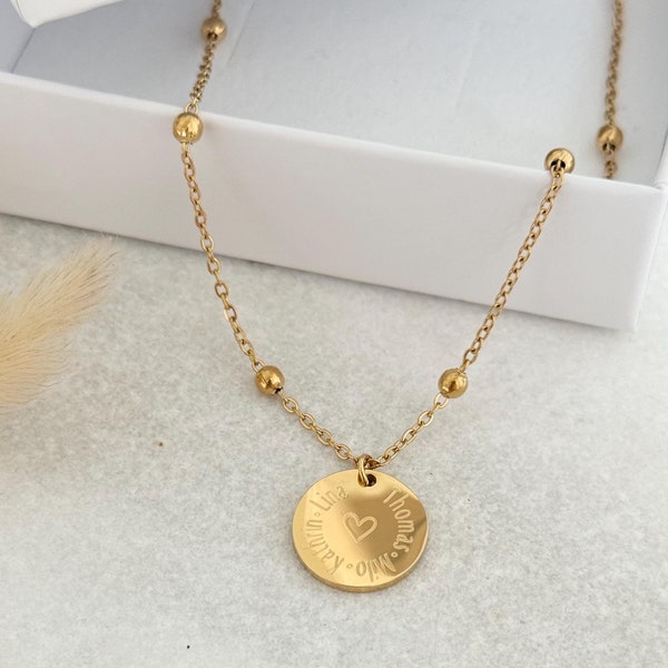 Gepersonaliseerde ketting | Ballenketting | 15 mm graveerplaat |  Geboortebloem | Roestvrij staal/roestvrij staal | Zilver, 18K goud | Naam ketting