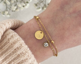 Bracciale personalizzato a doppia fila con pietra portafortuna, bracciale a sfera, placca incisa, bracciale con incisione, acciaio inossidabile, argento, oro, rosa