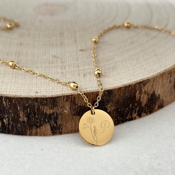 Personalized Necklace | Ball chain | 15 mm engraving plate | Birth Flower | Stainless Steel/Stainless Steel | Silver, 18K Gold | Name necklace