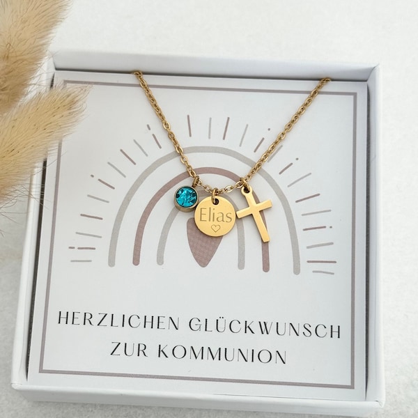 Halskette Kreuzanhänger Geburtsstein | Konfirmation | Taufkette | Edelstahl| Silber, 18K Gold, Rosé |Mutmacher| Glücksbringer | Schulanfang