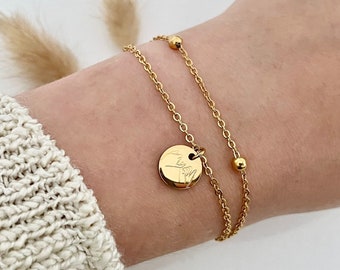 Double row bracelet, bracelet with engraving plate, ball chain, stainless steel, silver gold, rose, gift, personalized bracelet, bangle