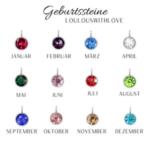May include: Twelve round pendants with different coloured gemstones, arranged in three rows of four. Each pendant has a month name below it. The text "Geburtssteine LOULOUSWITHLOVE" is at the top of the image.
