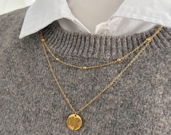 Mehrreihige Kette Layering, Kugelkette mit personalisiertem Plättchen, Edelstahl, Familienkette, Plättchenkette, Namenskette, Geburtsblume