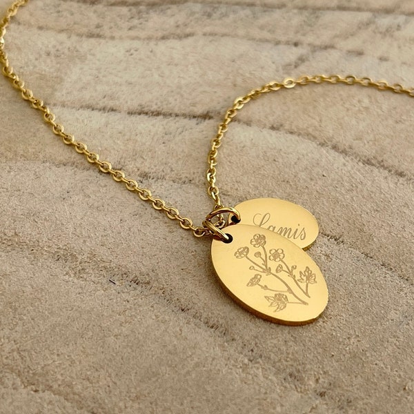 Geburtsblumenkette | Halskette aus Edelstahl | Geburtsblume | personalisierte Halskette Geburt | 18 K Gold, Silber, Geburtstagsgeschenk,Oval