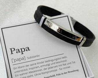 graviertes Herrenarmband aus Edelstahl, personalisiertes Lederarmband für Männer, Geschenk Papa, Patenonkel Vatertag