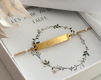 Personalisiertes Taufarmband 18K Gold, Silber, Rosé | Armband Emaille Kügelchen Gravur Plättchen| Geschenk Kommunion | Konfirmation | Taufe