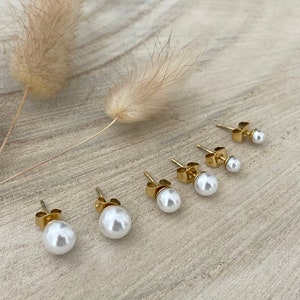 Set of 3 pearl earrings in silver, pearl earrings, ear studs with pearl, stainless steel studs, earrings silver with pearl, gift