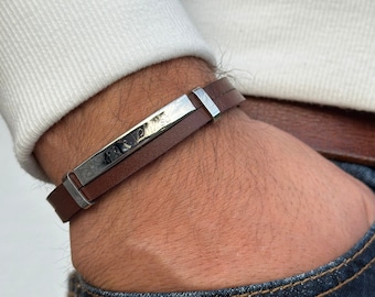 engraved men's bracelet made of stainless steel, personalized leather bracelet for men, gift dad, godfather father's day