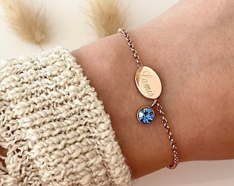 Bracelet with oval engraving plate and birthstone, adjustable, personalized bracelet, birthstone, stainless steel, silver gold, rosé,