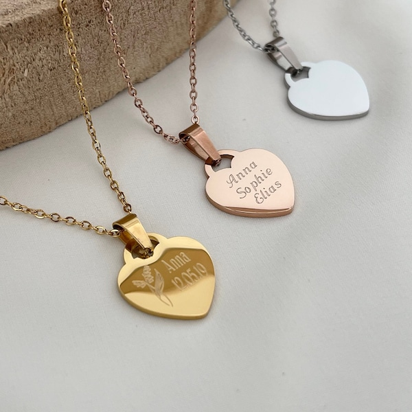 Personalized heart necklace in stainless steel in silver and 18K gold, birth flower, necklace with engraving, gift