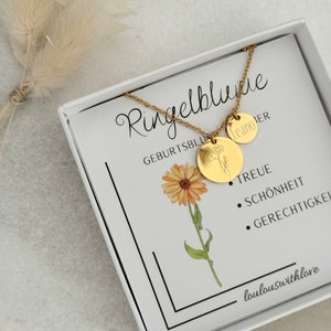 Personalisierte Halskette | Geburtsblume | gravierte Halskette zur Geburt | inklusiver Geschenkkarte | Edelstahl in Gold, Rosé und Silber