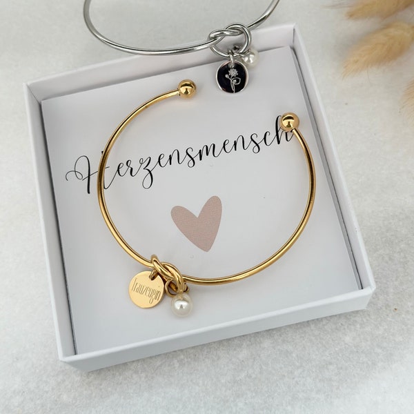 Knotenarmband mit filigraner Perle & Gravurplättchen | Edelstahl, Gold, Rose, Silber |Brautjungfern, Trauzeugin, Braut, Mama, beste Freundin