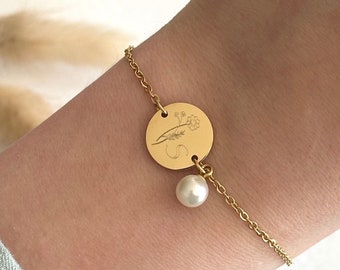 Personalized pearl bracelet with 13 mm engraving plate, stainless steel, silver, rose, gold, gift for mom, girlfriend, birth, maid of honor