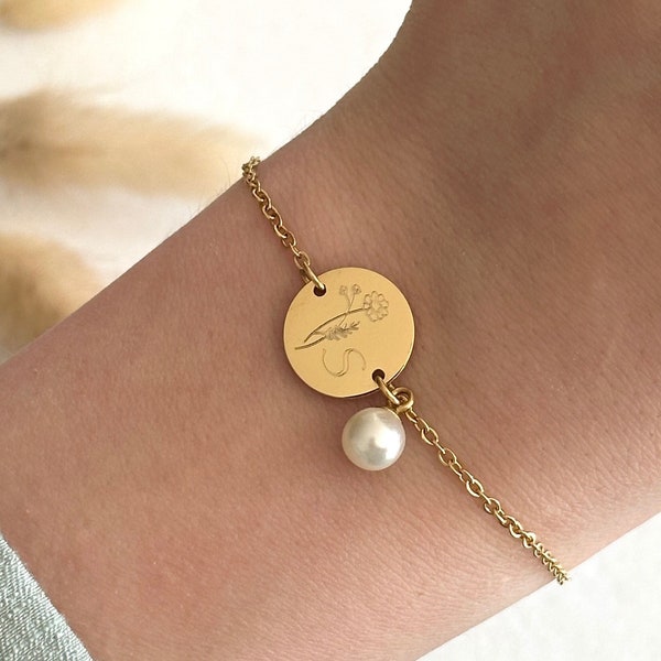Personalisiertes Perlen Armband mit 13mm Gravur Plättchen, Edelstahl, Silber, Rosé, Gold, Geschenk Mama, Freundin, Geburt, Trauzeugin