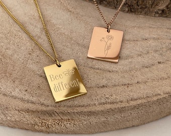 engraved necklace | Necklace with rectangular engraving Platelets | Birth flower | | hand symbols Gold, Silver, Rosé,Gift personalized