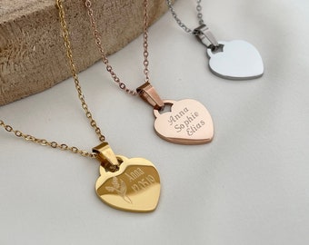 Personalized heart necklace in stainless steel in silver and 18K gold, birth flower, necklace with engraving, gift