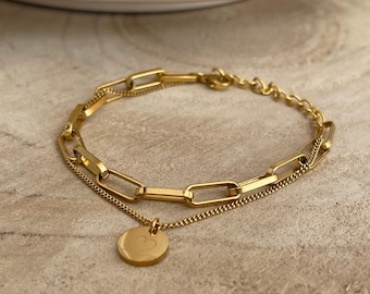 Bracciale a doppia fila in set, bracciale a maglie, catena a maglie con piastra per incisione, bracciale con nome, bracciale con incisione, acciaio inossidabile, oro 18 carati, argento