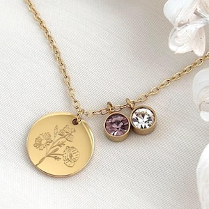 Collana con bouquet di fiori portafortuna + pietra portafortuna | Fiore portafortuna | Bouquet | Collana con nome | Acciaio inossidabile | Rosa, oro, argento | Regalo per la mamma
