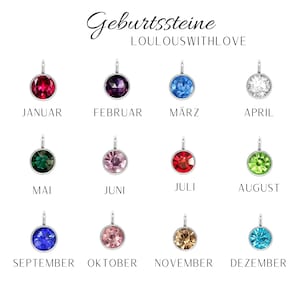 May include: Birthstone charms for each month of the year. The charms are silver with a colored crystal in the center. The charms are arranged in rows by month, with the month name written below each charm. The text "Geburtssteine LOULOUSWITHLOVE" is at the top of the image.