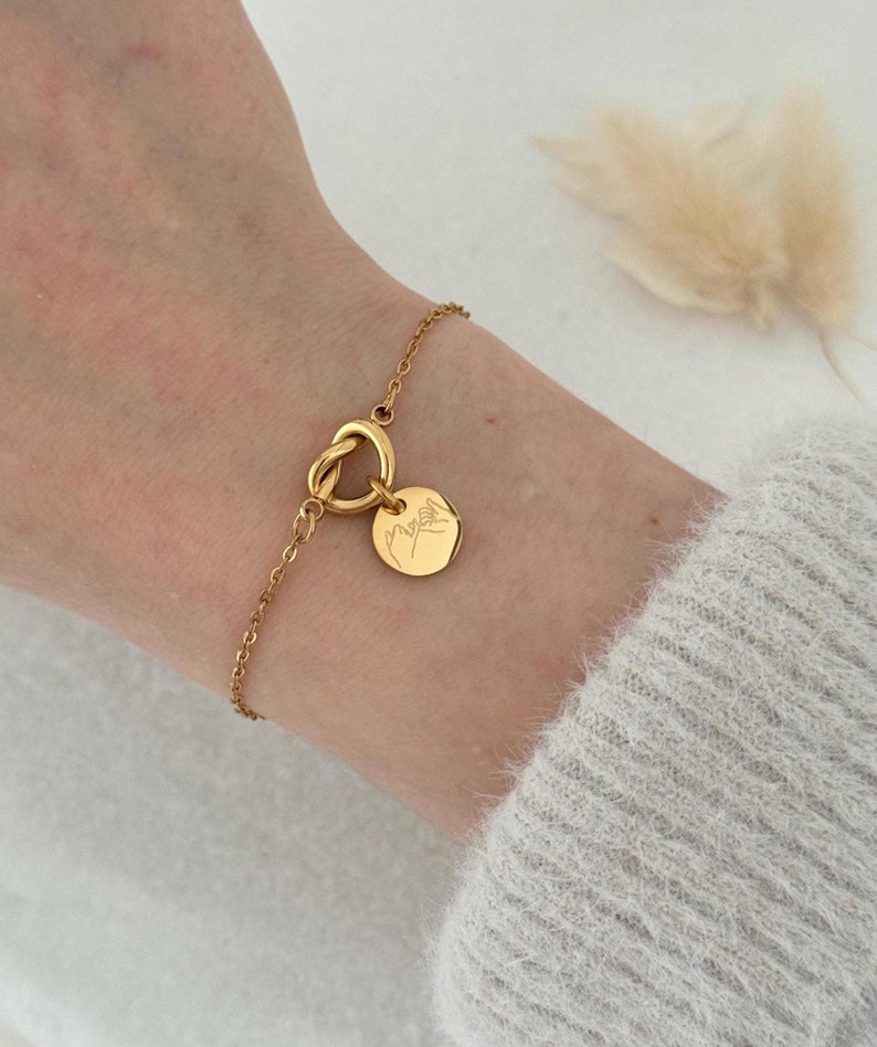 Knotenarmband mit Gravurplättchen Edelstahl vergoldet