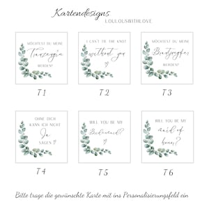 May include: A collection of white cards with text and watercolor eucalyptus leaf accents. The cards feature phrases like "Will you be my bridesmaid?" and "I can't tie the knot without you."