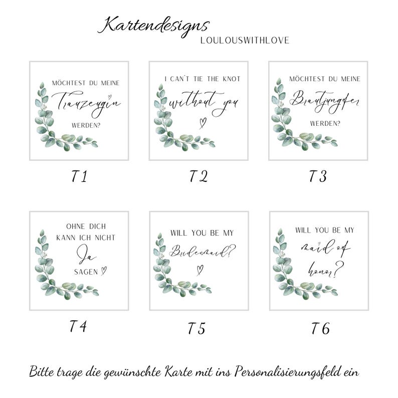 May include: A collection of white cards with text and watercolor eucalyptus leaf accents. The cards feature phrases like "Will you be my bridesmaid?" and "I can't tie the knot without you."