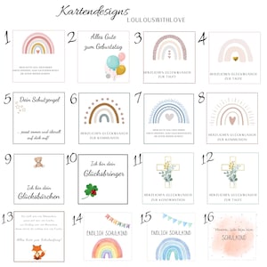 May include: A set of 16 printable greeting cards featuring rainbow designs with various text, including "Alles Gute zum Geburtstag", "Ich bin dein Gl&uuml;cksbringer", "Endlich Schulkind", and "Hurra, ich bin ein Schulkind".