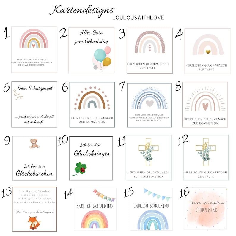May include: A set of 16 printable greeting cards featuring rainbow designs with various text, including "Alles Gute zum Geburtstag", "Ich bin dein Gl&uuml;cksbringer", "Endlich Schulkind", and "Hurra, ich bin ein Schulkind".